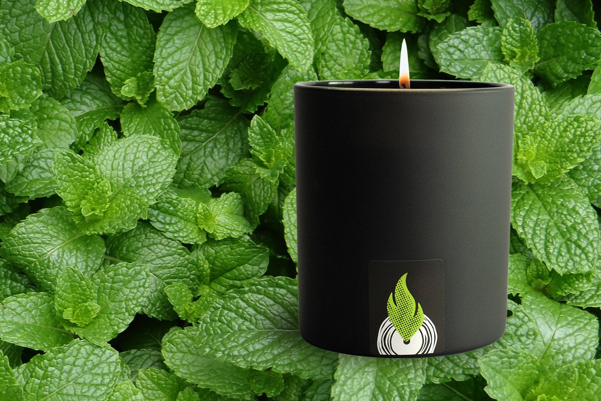 Sonicglow Pacific Beach candle burning in matte black glass vessel. Candle is sitting on top of mint leaves.