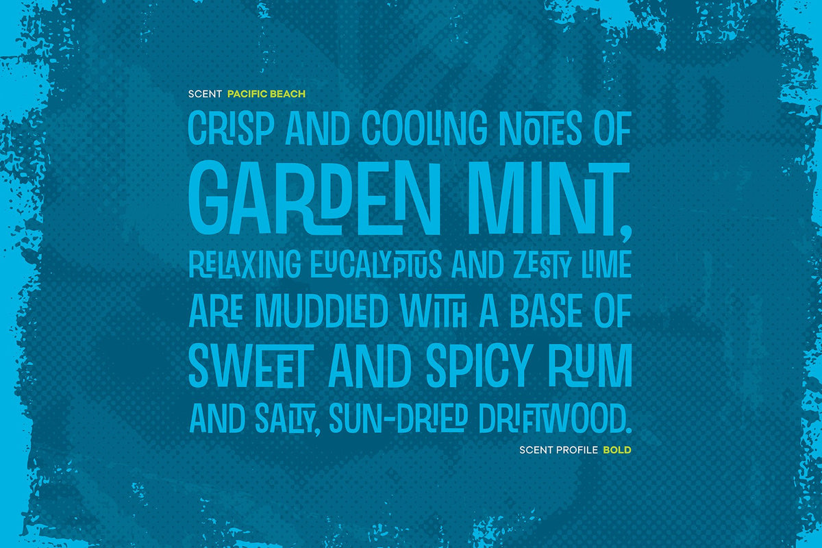 Sonicglow Pacific Beach scent notes description. Text and graphic treatment complement Sonicglow candle sleeve wrap.